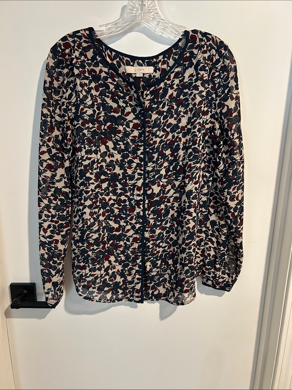 LOFT Navy, Burgundy and Cream Printed Button-Front Blouse